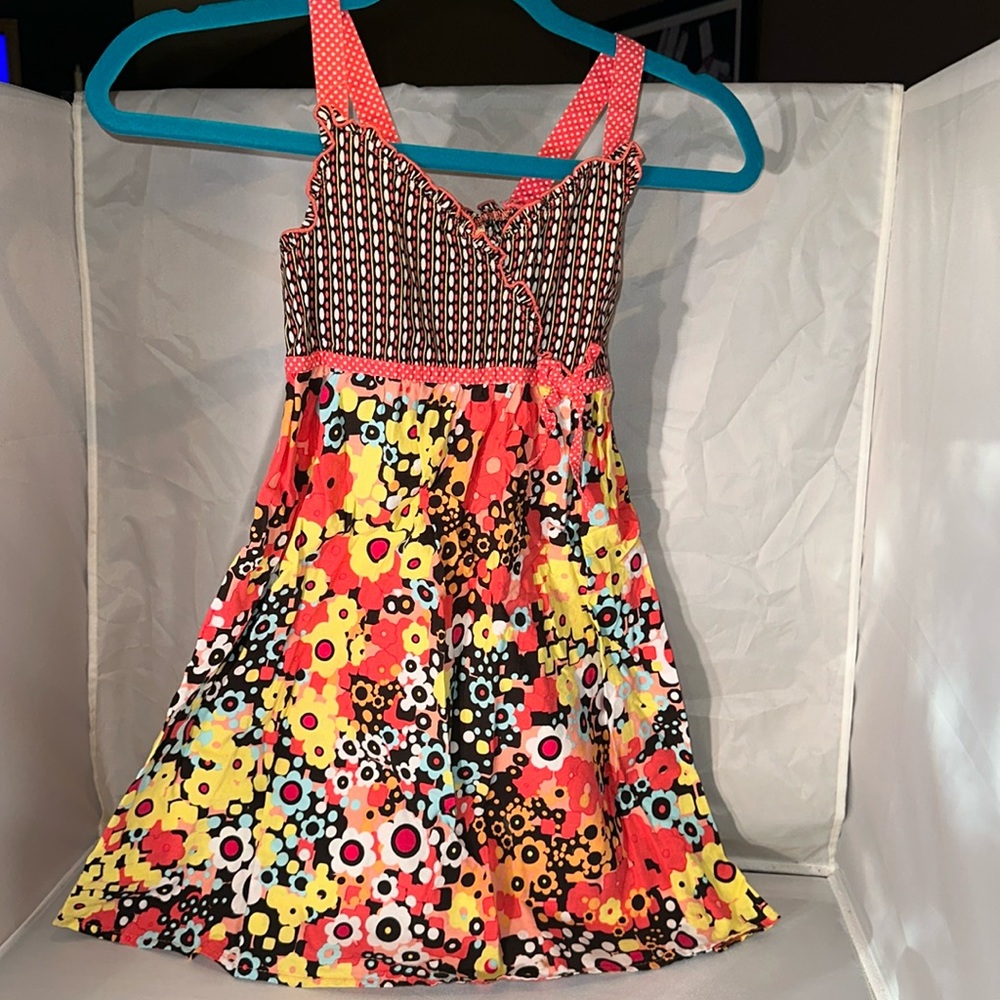 Boutique dress. Coral, black, yellow, &blue colored cute sundress.
